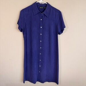 NY & Co 100% Silk Shirt Dress Purple Button Front‎ Short Sleeve Size 10